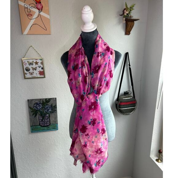 XL Shawl Scarf- Tie Dye Pink Teal- frayed ends- boho- fairy whimsy 79x32" - Picture 4 of 4